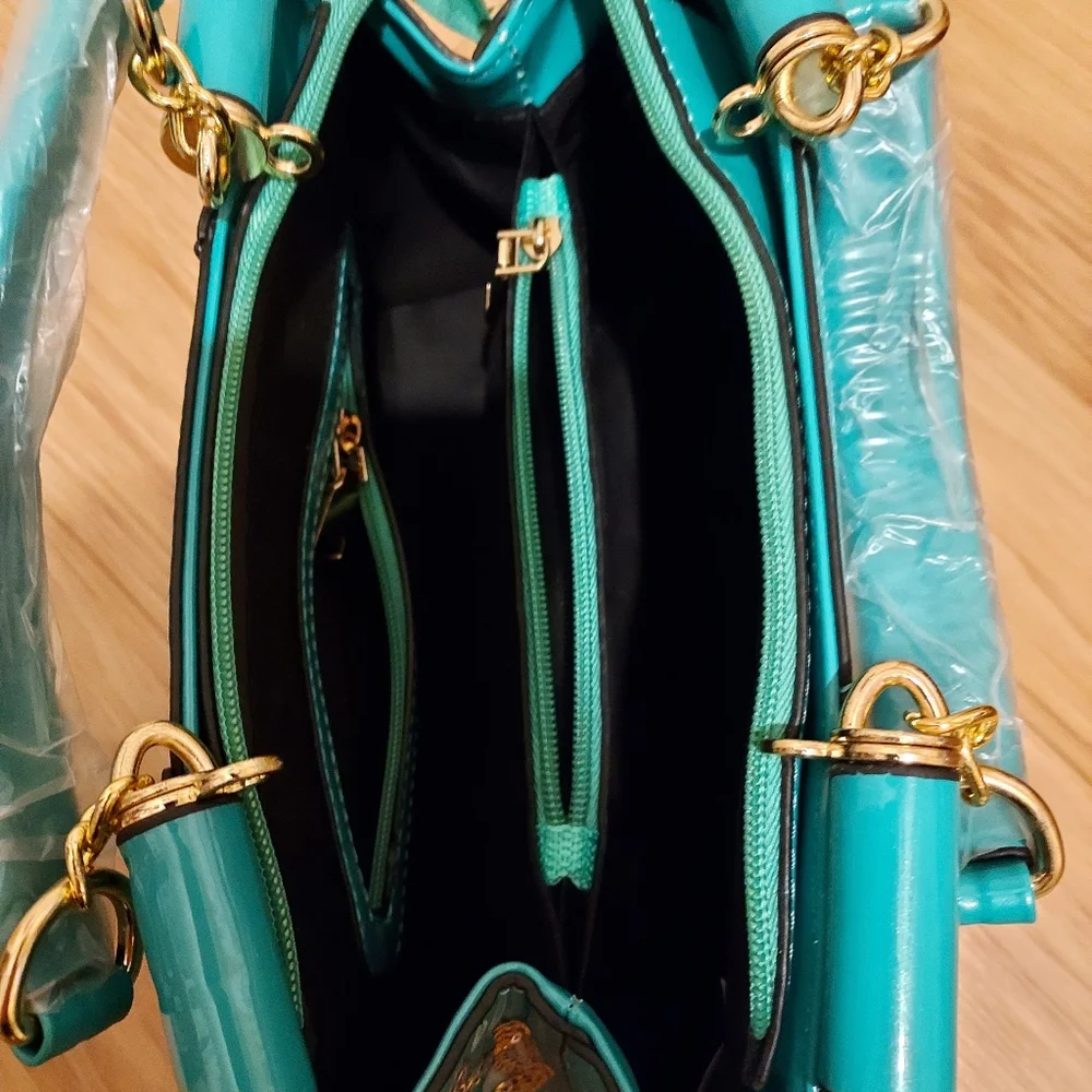 Teal Neptune Green Gold Patent Leather Look Bling Handbag Embroidery Shiny Purse